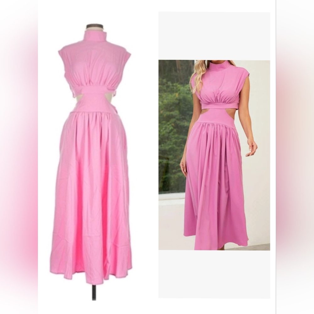 Pink Cutout Maxi Dress with High Neck